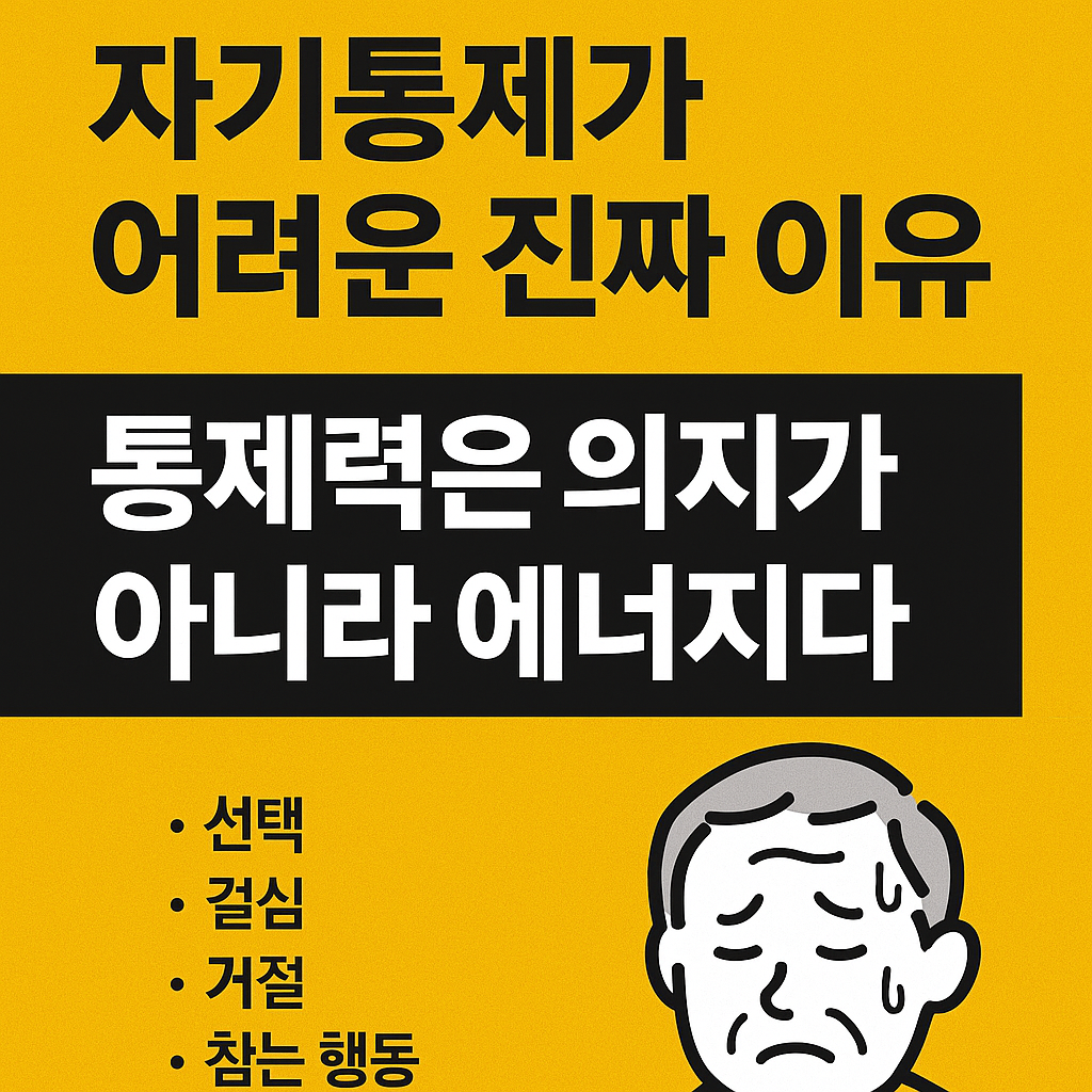 자기통제력과 루틴 실패의 심리학적 원인을 설명하는 콘텐츠용 디지털 그래픽 썸네일. 통제력은 에너지라는 핵심 메시지가 강조된 노란 배경의 인포그래픽 스타일 디자인.