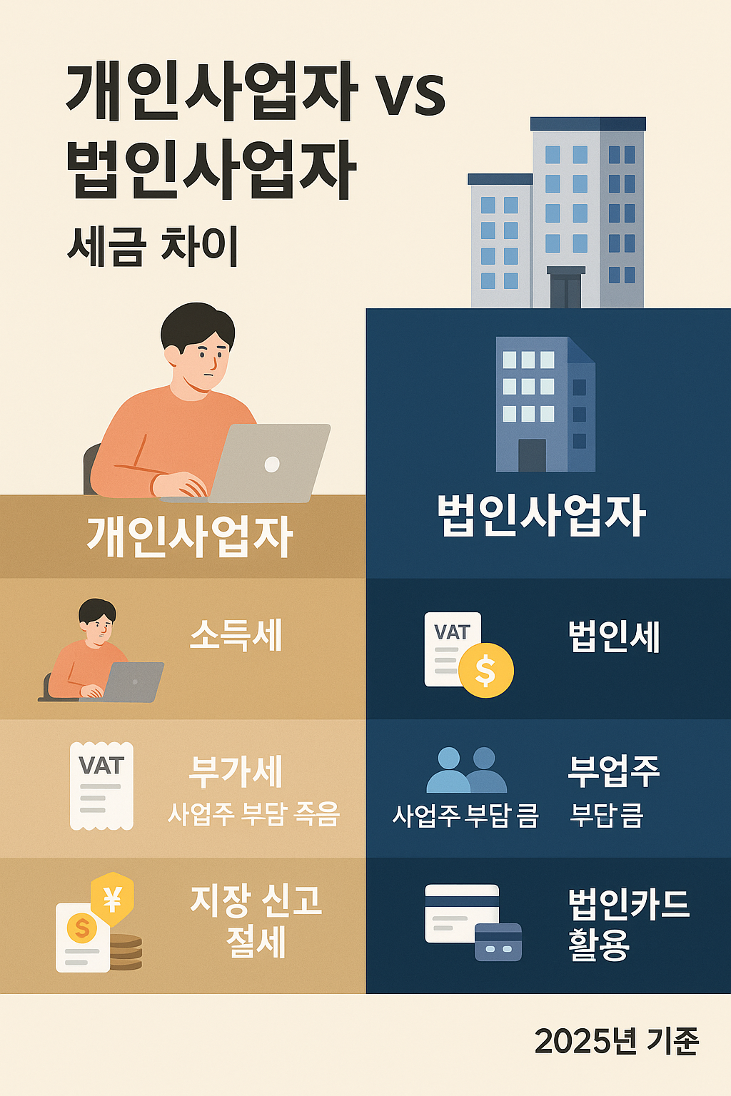 2025년 기준 개인사업자와 법인사업자의 세금 구조 차이를 비교한 인포그래픽 &ndash; 소득세, 부가세, 4대보험 부담, 절세 전략 등을 항목별로 나눈 시각자료