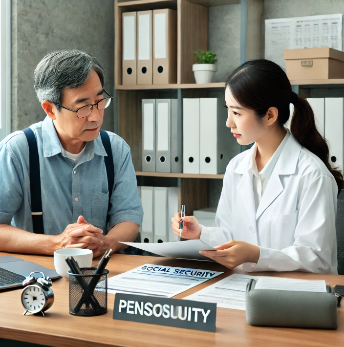 연금 계획에 대해 상담하는 사회복지사와 중년 남성의 상담 장면