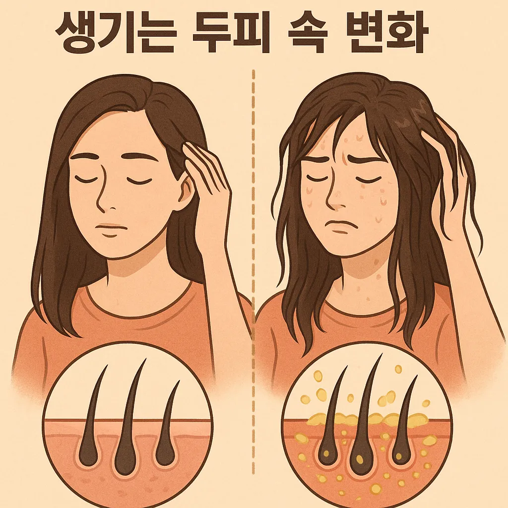 머리를-감지-않았을-때-두피에-일어나는-변화를-시각적으로-비교한-일러스트-이미지