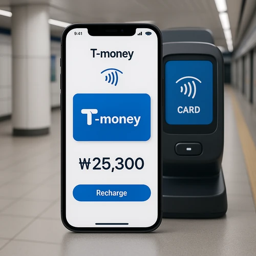 티머니 홈페이지 모바일 앱 인터페이스와 NFC 교통카드 결제 시스템을 보여주는 현대적인 디지털 결제 개념도