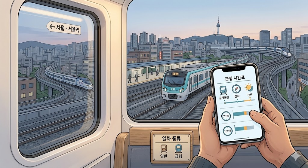 전철 창밖으로 보이는 주안역 선로 풍경과 스마트폰으로 급행 시간표를 확인하는 모습