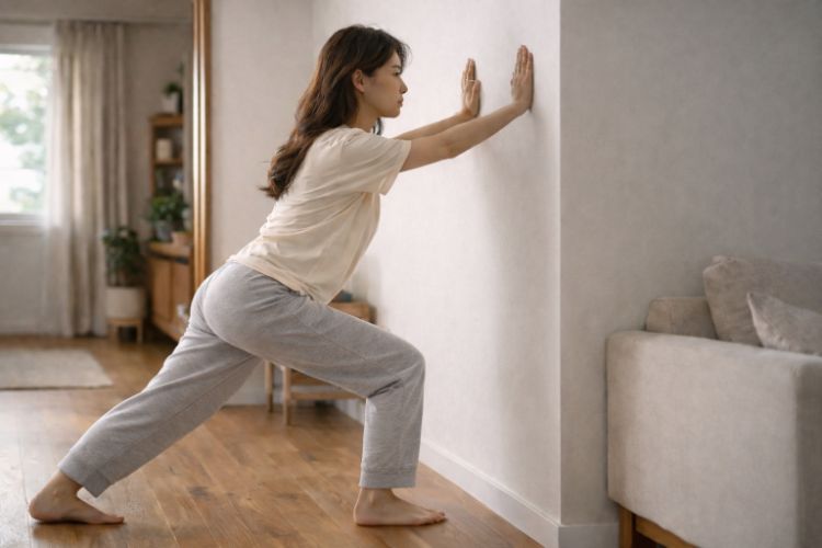 족저근막염 완화를 위한 벽 밀기 종아리 스트레칭 자세