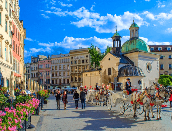 길거리에 말들이 끄는 관광마차들이 있다. 관광객들이 걸어가고 주변엔 건물들과 분홍 꽃들이 가득하다.