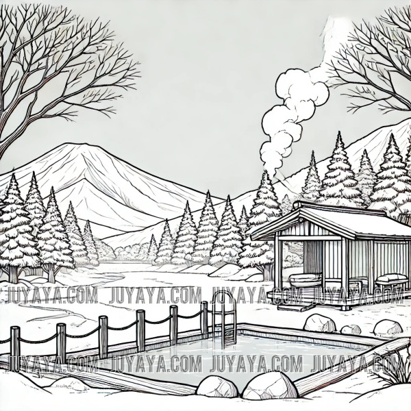 니가타 에치고유자와 온천의 노천탕 설경, 눈 덮인 산과 나무가 둘러싼 따뜻한 온천수에서 피어오르는 김