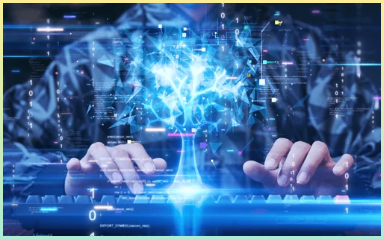 인공지능과 데이터 과학의 성장을 상징하는 빛나는 디지털 나무가 화면에서 나오는 가운데 키보드를 치는 사람이 있고, 그 주변에는 이진 코드와 디지털 요소가 있다.