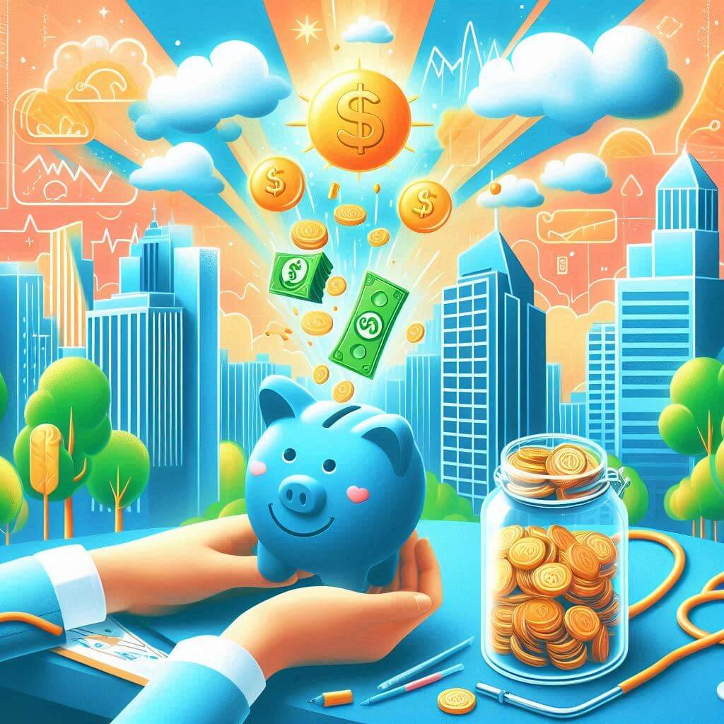 가입자격확인서를 발급받아 적금에 가입하고 돈이 모이는 모습. 돈이 기분좋게 저금통으로 들어가는 그림.