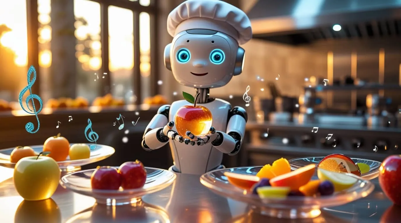 AI 셰프 로봇이 미래형 주방에서 반짝이는 유리 사과를 손에 들고 소개하는 장면. 투명한 과일들과 함께 ASMR 먹방 느낌을 시각적으로 표현한 VEO3 기반 AI 콘텐츠 예시 이미지. (glass fruit AI chef, futuristic kitchen, VEO3 generated content)
