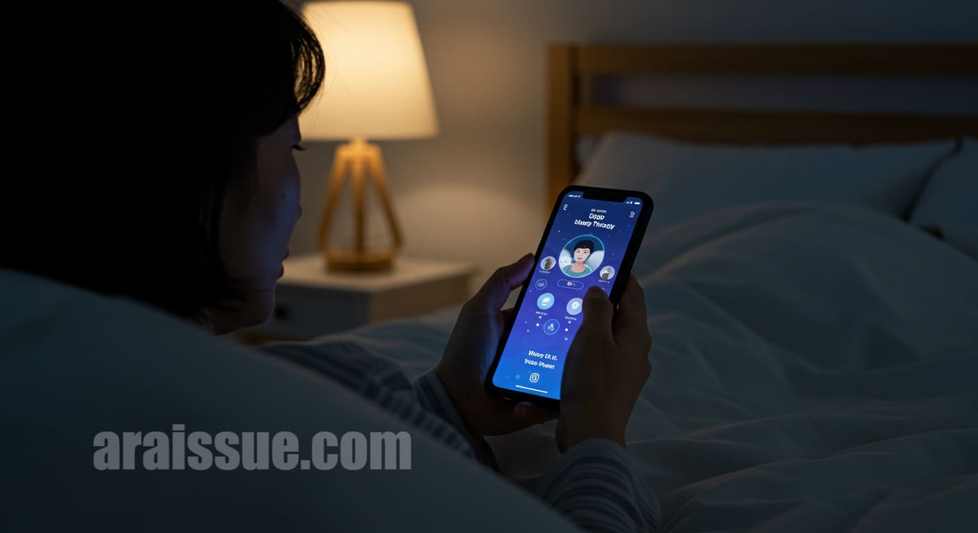 수면치료 앱 사용하는 중년 여성