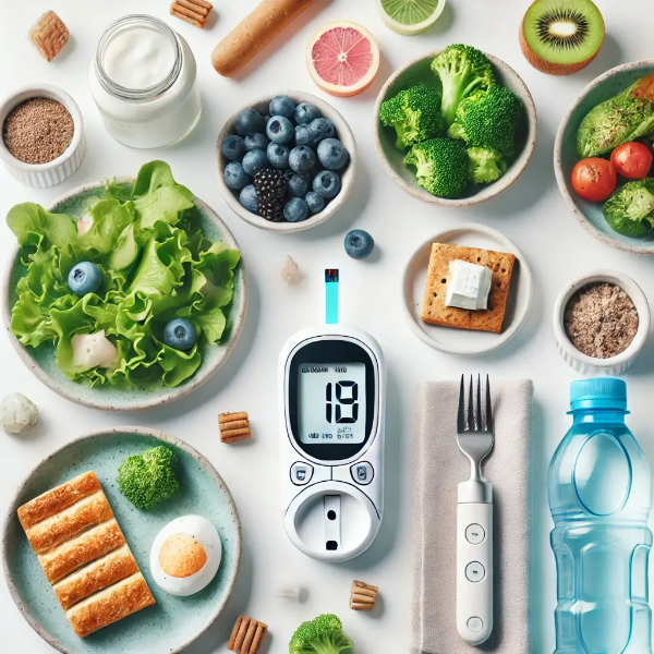 혈당 관리를 위한 건강 식단과 글루코스 미터가 세팅된 스튜디오 컷