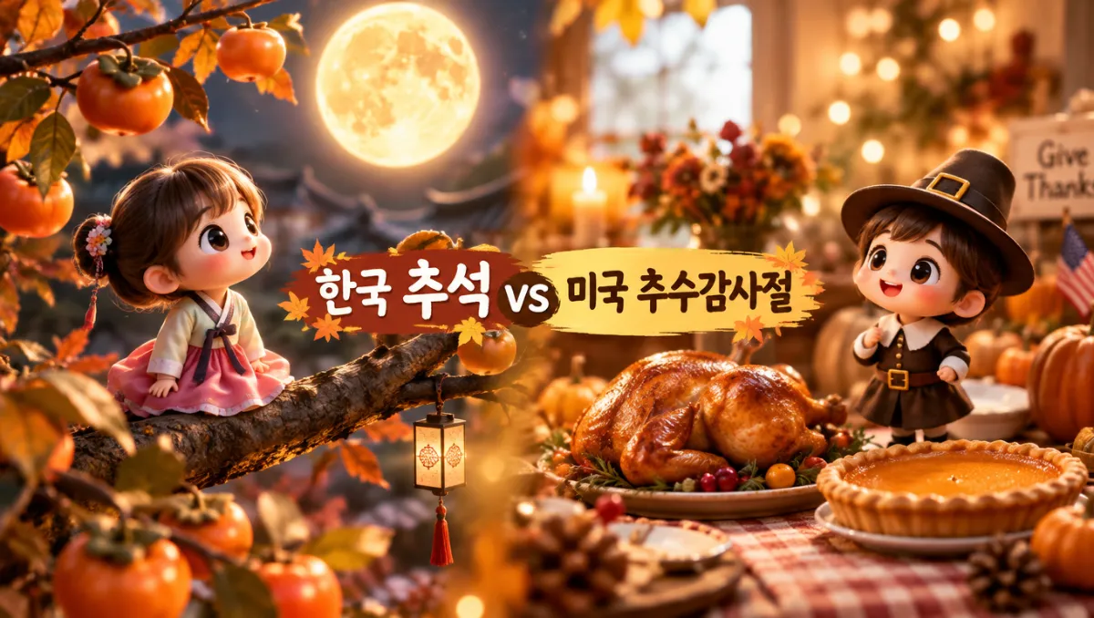 한복을 입은 미니미가 보름달 아래 감나무에 앉아 있는 한국 추석 풍경과, 추수감사절 칠면조 만찬 식탁 위의 미국 풍경을 좌우로 대비한 미니미 합성 이미지