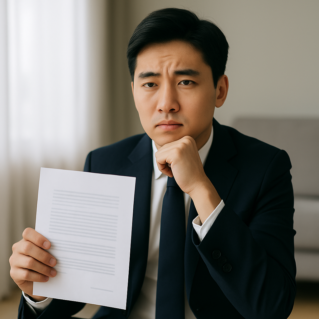 청년(20대 남성)이 정장 차림으로 전세계약서 들고 있는 장면