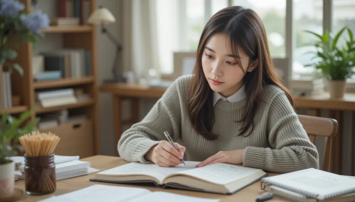 원숭이띠 올해 운세 재물 관리 계획을 세우며 다이어리에 메모하는 여성의 모습