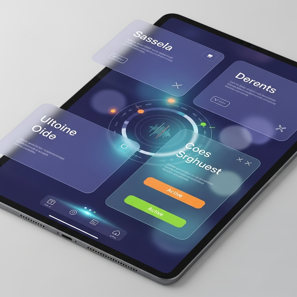 태블릿 화면에 AI가 생성한 추상적인 UI/UX 디자인 컨셉이 표시된 모습