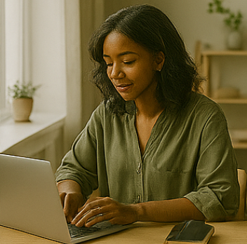 노트북을 사용하는 여성사진
