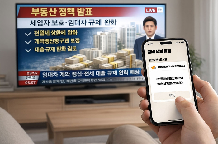 정책 뉴스보다 월세 알림을 확인하는 모습