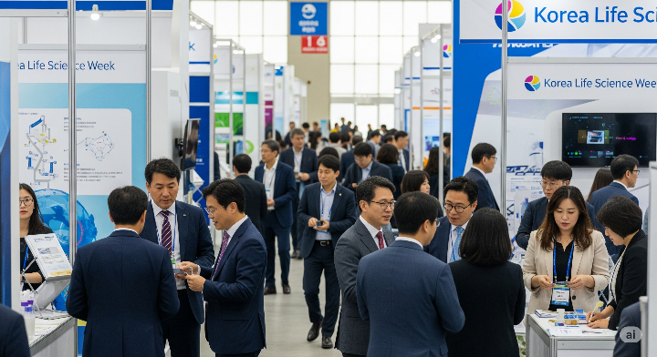 활기찬 코리아 라이프 사이언스 위크 전시회장에서 참가자들이 명함을 교환하며 활발하게 대화하는 모습