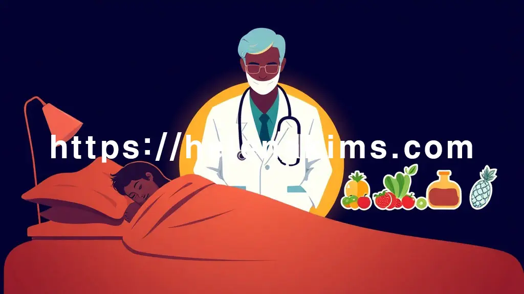 따뜻한 이불 속에서 평온하게 잠든 사람, 전문성을 상징하는 의사 아이콘들이 있는 이미지.