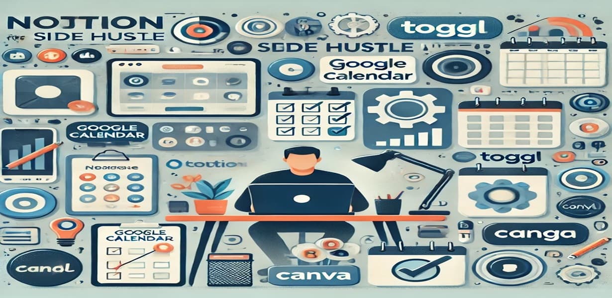 부업에 활용되는 다양한 생산성 도구와 플랫폼을 시각적으로 나타낸 일러스트