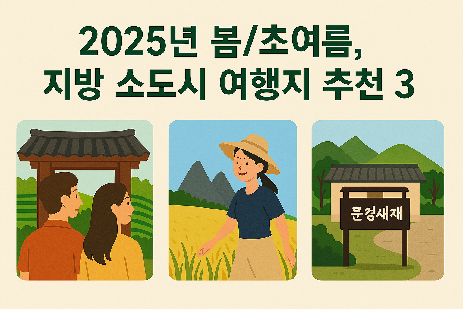 2025년 봄/초여름 지방 소도시 여행지 추천 3곳 일러스트