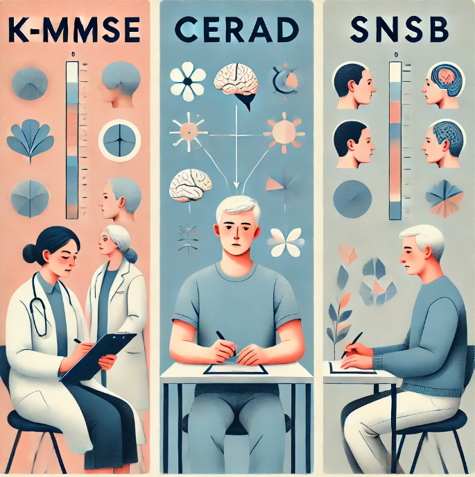 치매 진단에서 사용되는 대표적인 신경심리검사 세 가지(K-MMSE, CERAD, SNSB)를 시각적으로 표현
