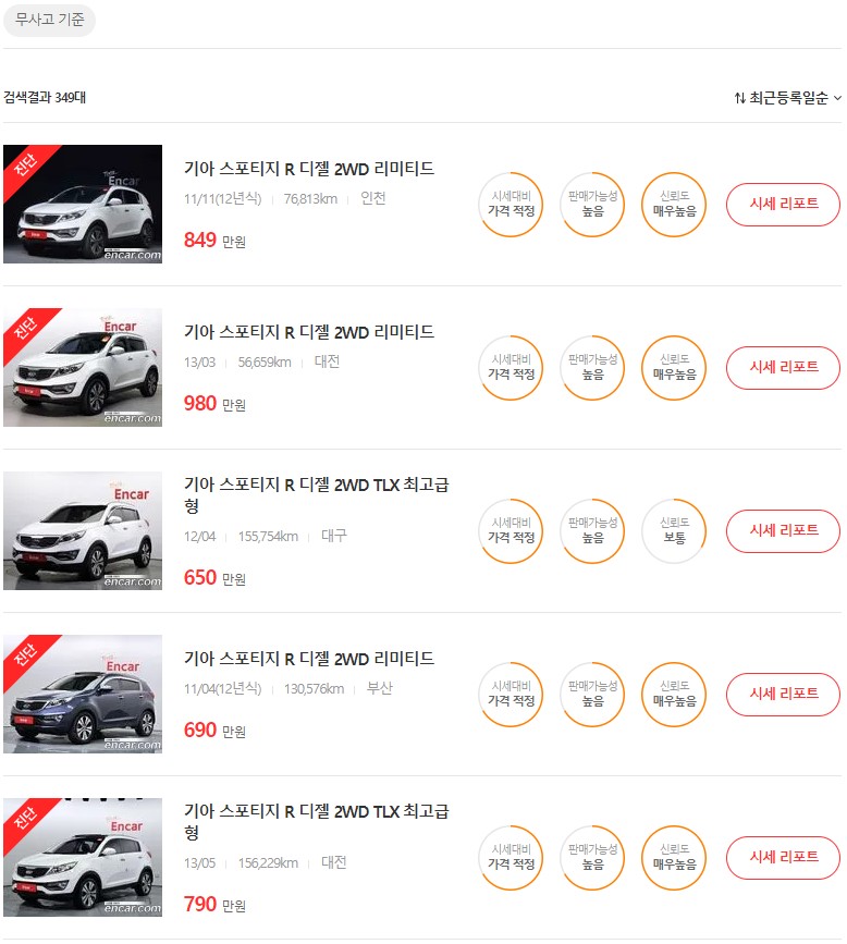 스포티지 중고차 가격, 시세표