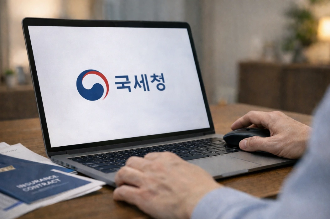 노트북 화면에 ‘국세청’ 표시가 보이는 연말정산 간소화 서비스 화면을 확인하는 40~50대 성인 모습