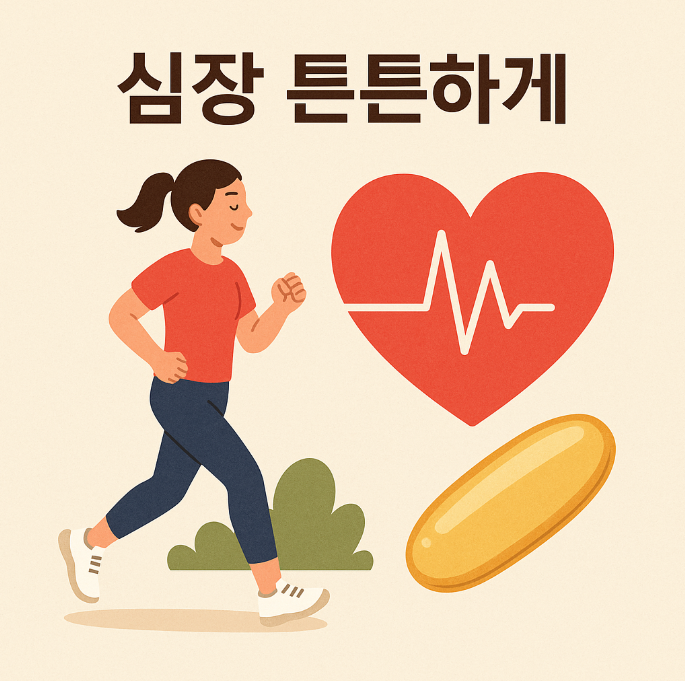 여성이 뛰고 있는 모습과 심장이 뛰는 것을 표현한 하트와 오메가3 알약 이미지