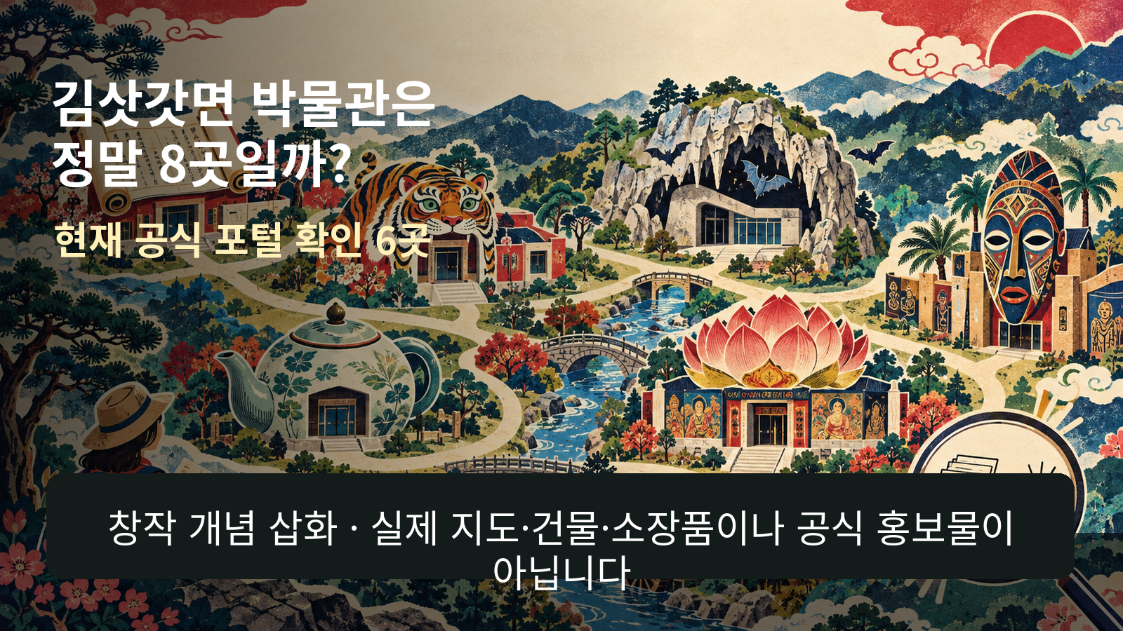 김삿갓면 박물관 8곳이라는 과거 소개와 현재 공식 포털 6곳을 비교하는 창작 표지