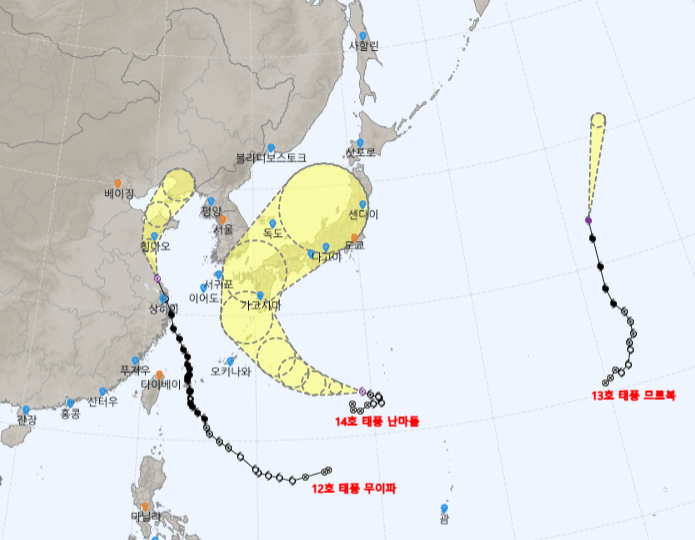 12호 태풍 무이파, 13호 태풍 므르복, 14호 태풍 난마돌의 태풍 위치와 예상 경로 출처 기상청