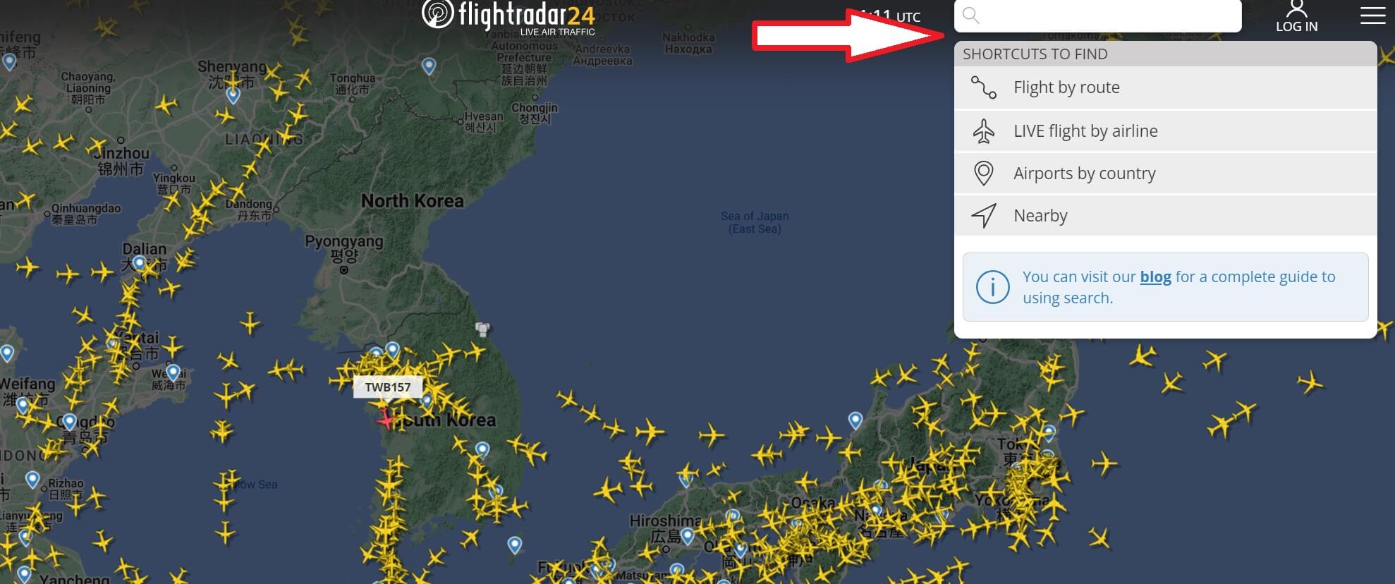 fightradar24-메인화면-검색창