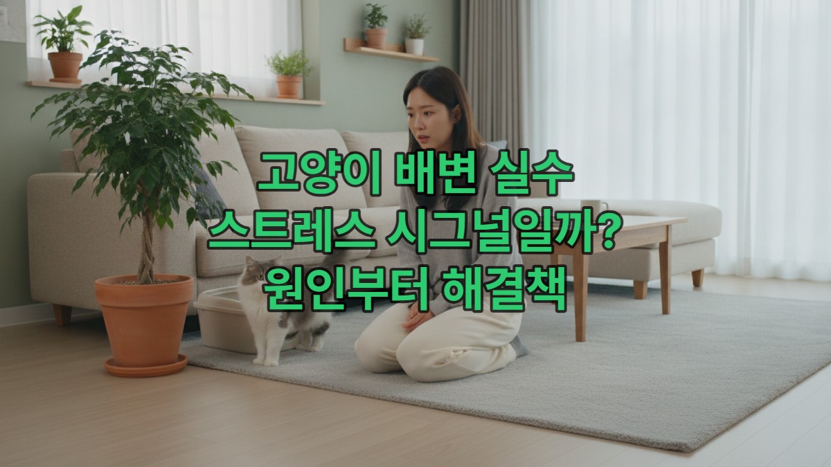 거실 화분 옆에서 걱정스러운 표정으로 서 있는 고양이와 이를 바라보는 한국 여성 보호자.