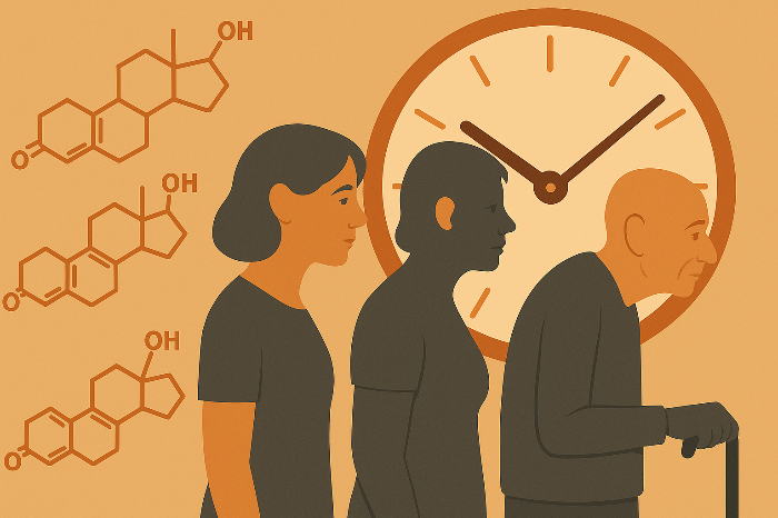 노화 중 호르몬 변화를 시각적으로 표현하여 호르몬 분자, 시간 경과를 상징하는 시계, 젊음에서 노년으로 넘어가는 인간 실루엣을 보여줍니다