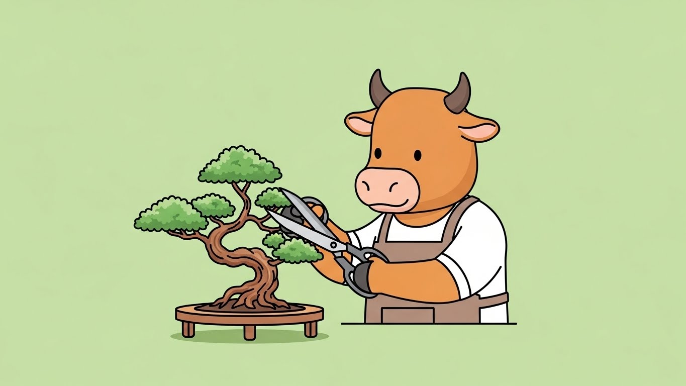 분재 가위로 나무를 세밀하게 다듬고 있는 성실한 소 캐릭터의 2D 플랫 벡터 일러스트