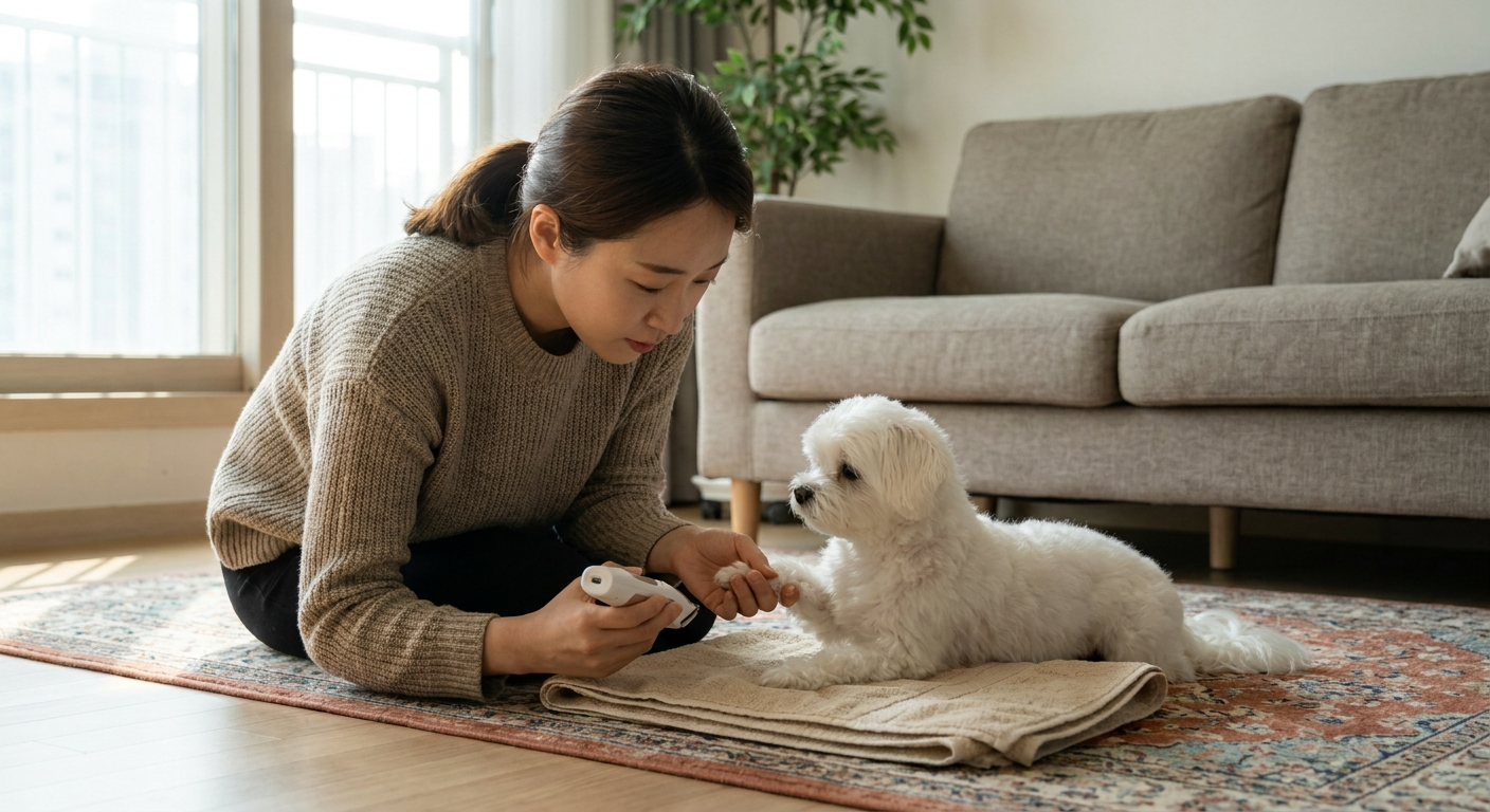 거실에서 강아지 발바닥 미용하는 사람