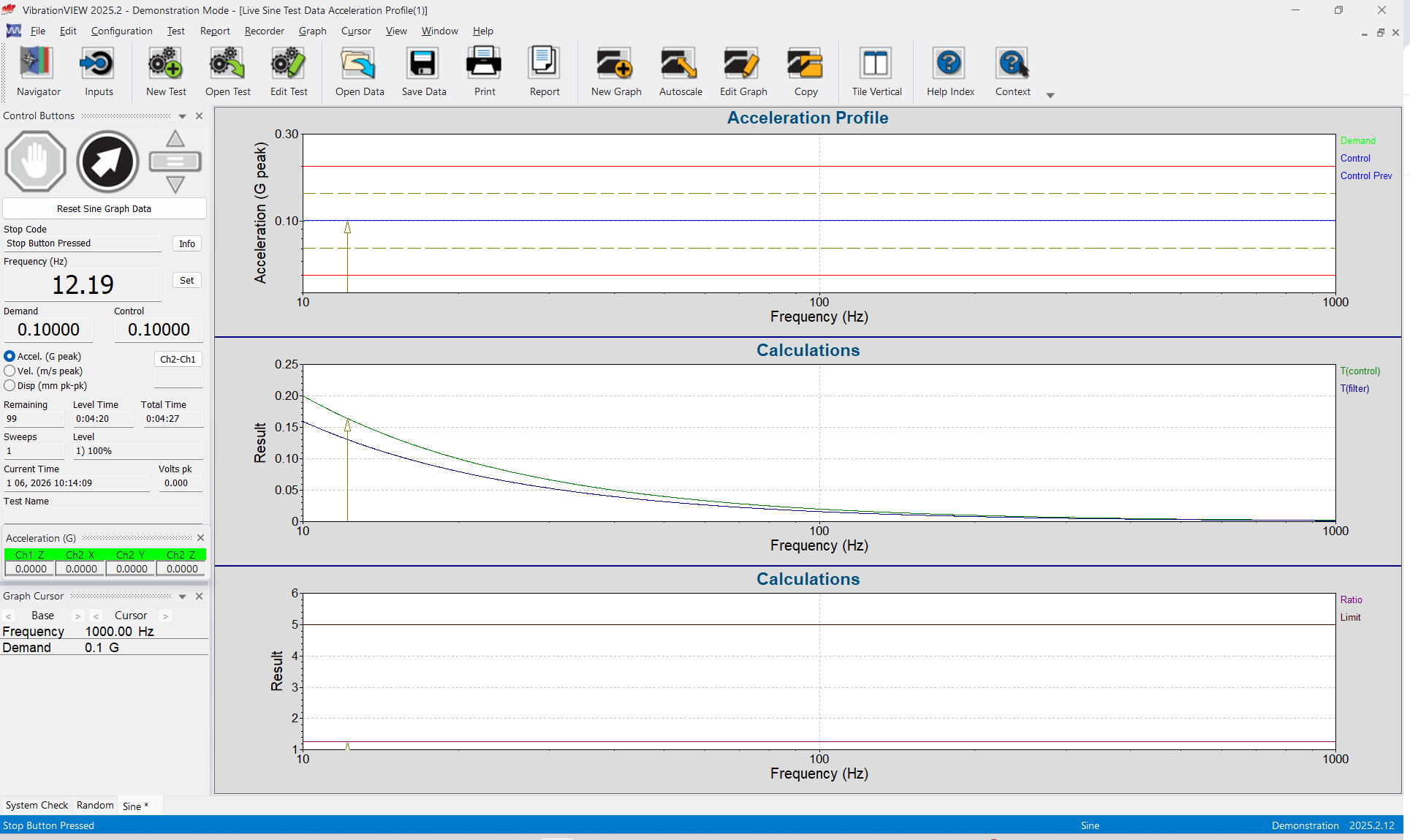 VibrationVIEW, 사인진동 시험, 수식 적용 Tracking Filter 검증, 주파수 10~1000hz, 팜테크, FAMTECH