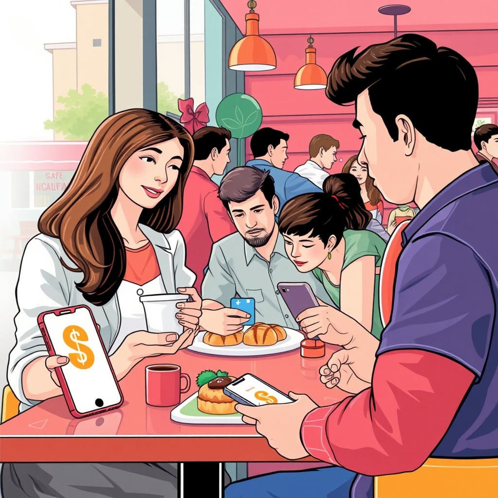 사람들이 카페에서 커피를 구매하거나, 온라인 상점에서 물건을 결제하거나, 해외에 있는 친구에게 돈을 보내는 등 일상적인 금융 거래를 하는 다양한 장면들을 그립니다. 이러한 거래 과정에서 스마트폰 앱 화면이나 디지털 카드 형태로 스테이블 코인 심볼 또는 아이콘이 사용되는 모습을 자연스럽게 삽입합니다. 편리함, 신속성, 미래지향적인 느낌을 강조하여 긍정적인 사용 사례를 제시합니다