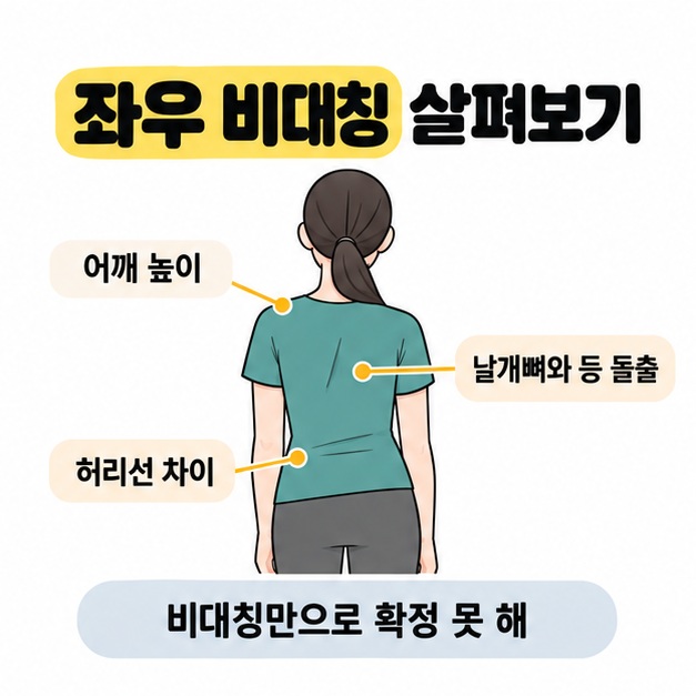 사람의 뒷모습에 어깨 높이와 날개뼈 및 등 돌출, 허리선 차이를 연결하고 비대칭만으로 확정할 수 없다고 안내하는 그림