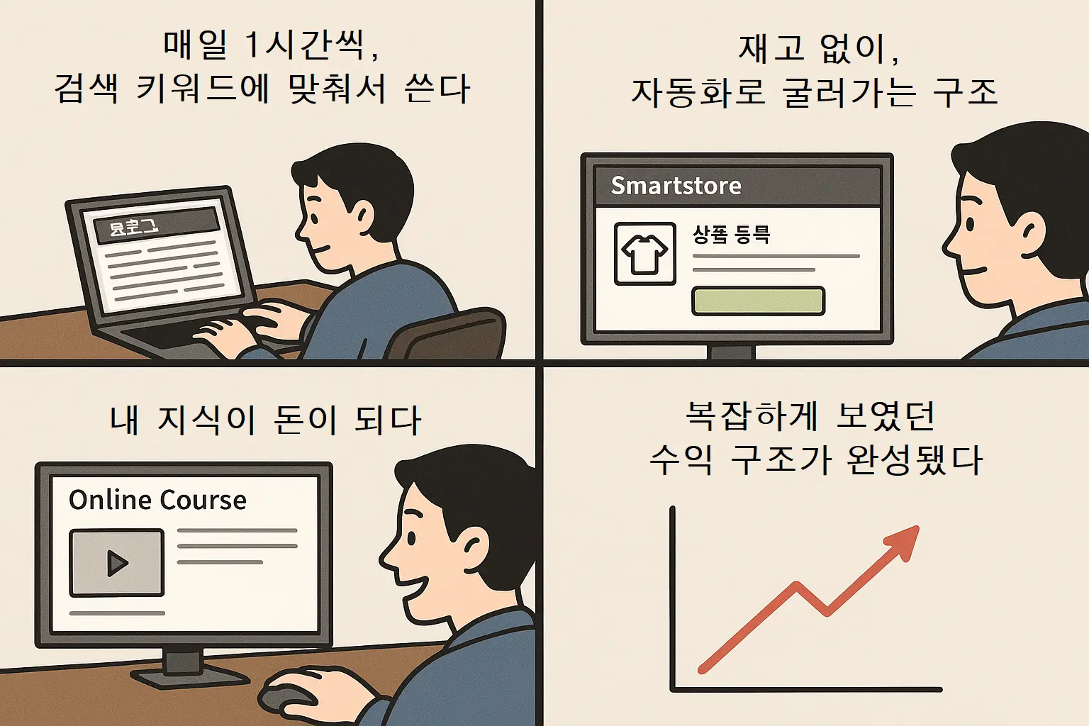디지털 노마드 수익 구조 3단계 실천 과정을 담은 4컷 웹툰