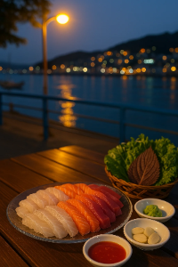 여수 낭만포차길 바닷가 테이블 위에 놓인 신선한 회 한 접시와 초고추장, 쌈채소