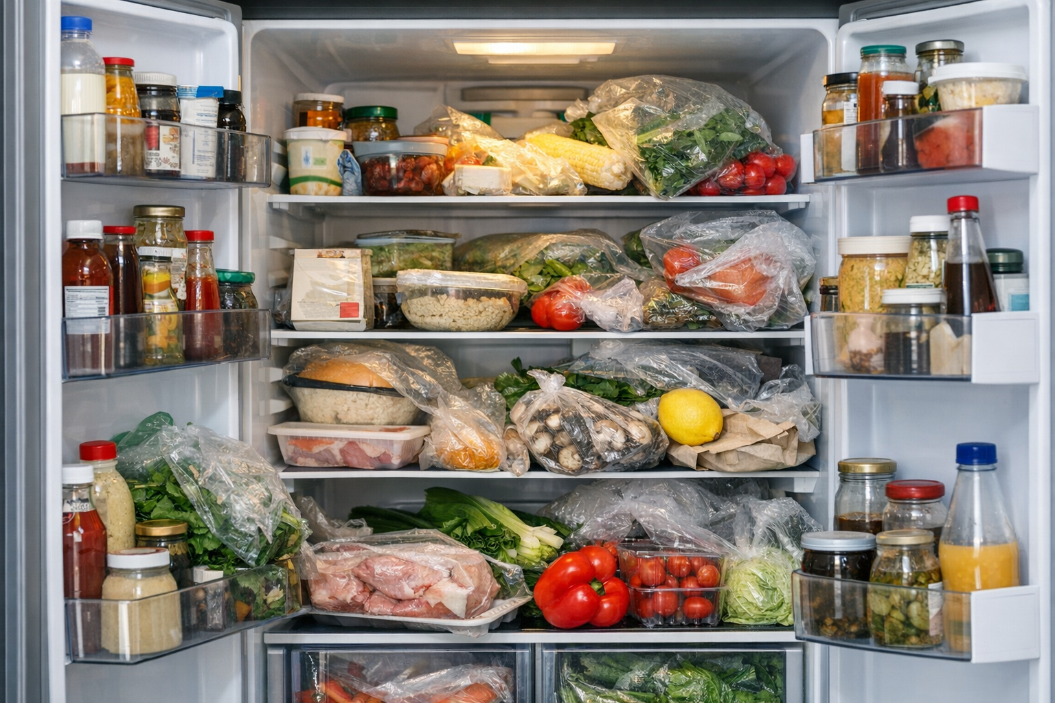 혼잡한 냉장고 내부