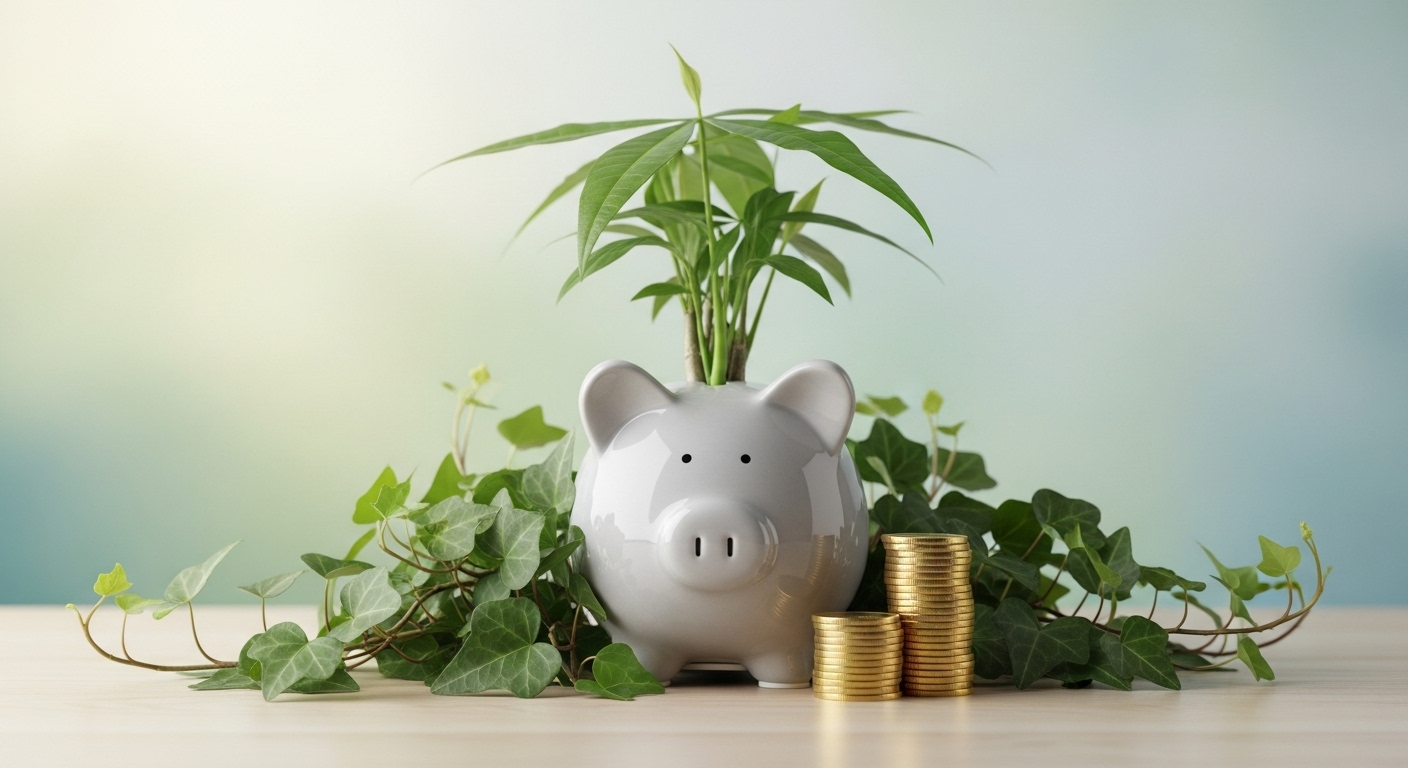 안정적으로 저축된 예금과 그를 담보로 하는 대출의 평온함을 보여주는 돼지 저금통과 동전 더미.