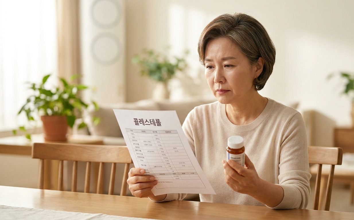 그녀는 짧은 스타일의 머리를 하고 있으며, 건강검진 결과지를 진지하게 바라보고 있다. 그녀의 한 손에는 스타틴 계열의 고지혈증 약병이 들려 있다. 약을 먹어야 할지 말아야 할지 고민하는 순간