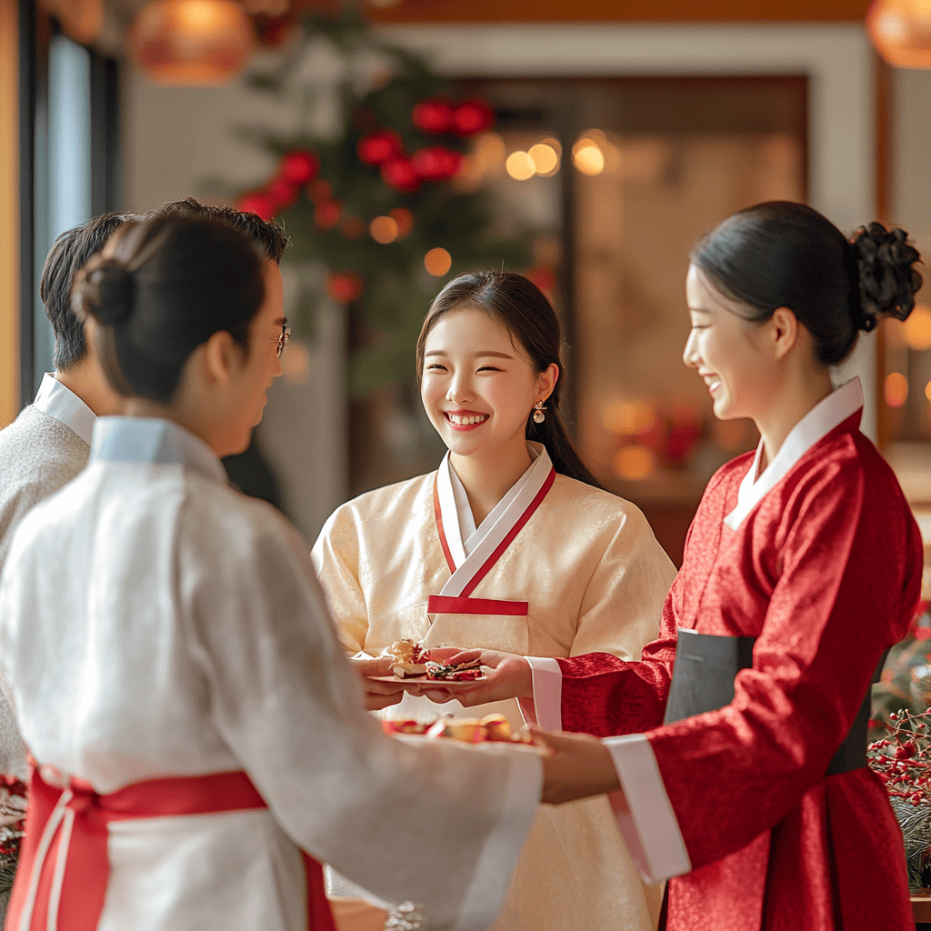 한복을 입은 여성들이 함께 음식을 나누며 환하게 웃는 모습, 따뜻한 조명과 전통적인 분위기가 돋보이는 실내 공간