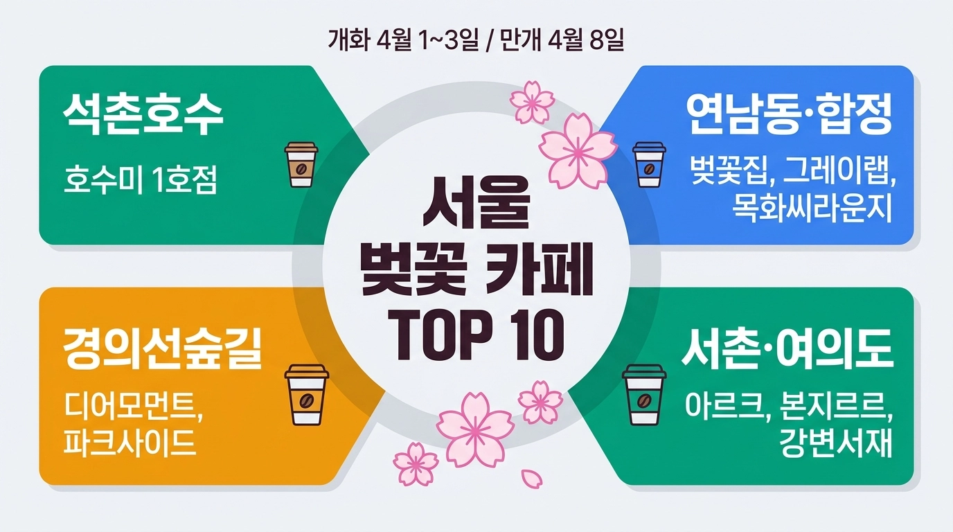 2026 서울 벚꽃 카페 추천 TOP 10 석촌호수 연남동 합정 서촌 경의선숲길 권역별 인포그래픽