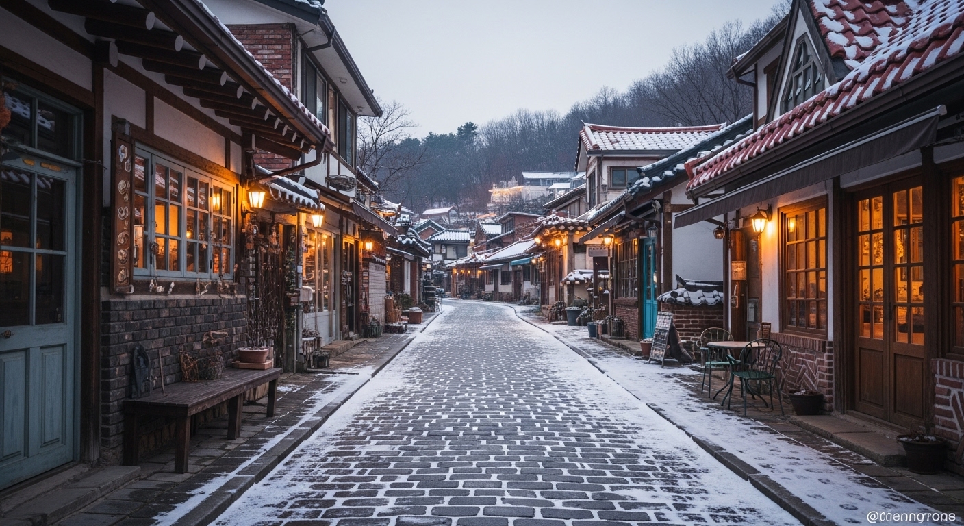 2025년 겨울, 눈 덮인 한적한 국내 소도시의 전경. 유럽풍 건축물과 고요한 겨울 풍경이 어우러져 평화로운 분위기를 자아냄.