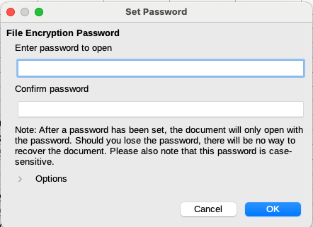 리브레오피스, 비밀번호 설정