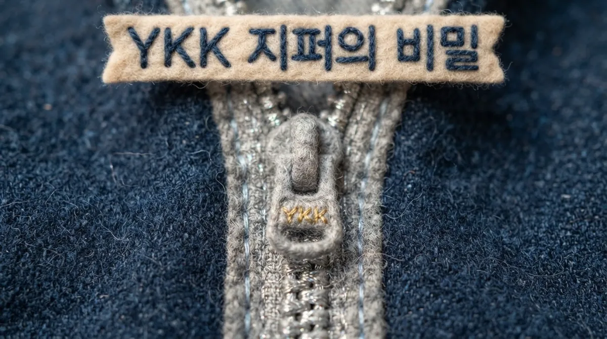 청바지 원단 위에 YKK 글자가 선명하게 새겨진 고품질 금속 지퍼를 니들 펠트 양모 공예 미니어처로 표현한 닐펠트 아트 이미지