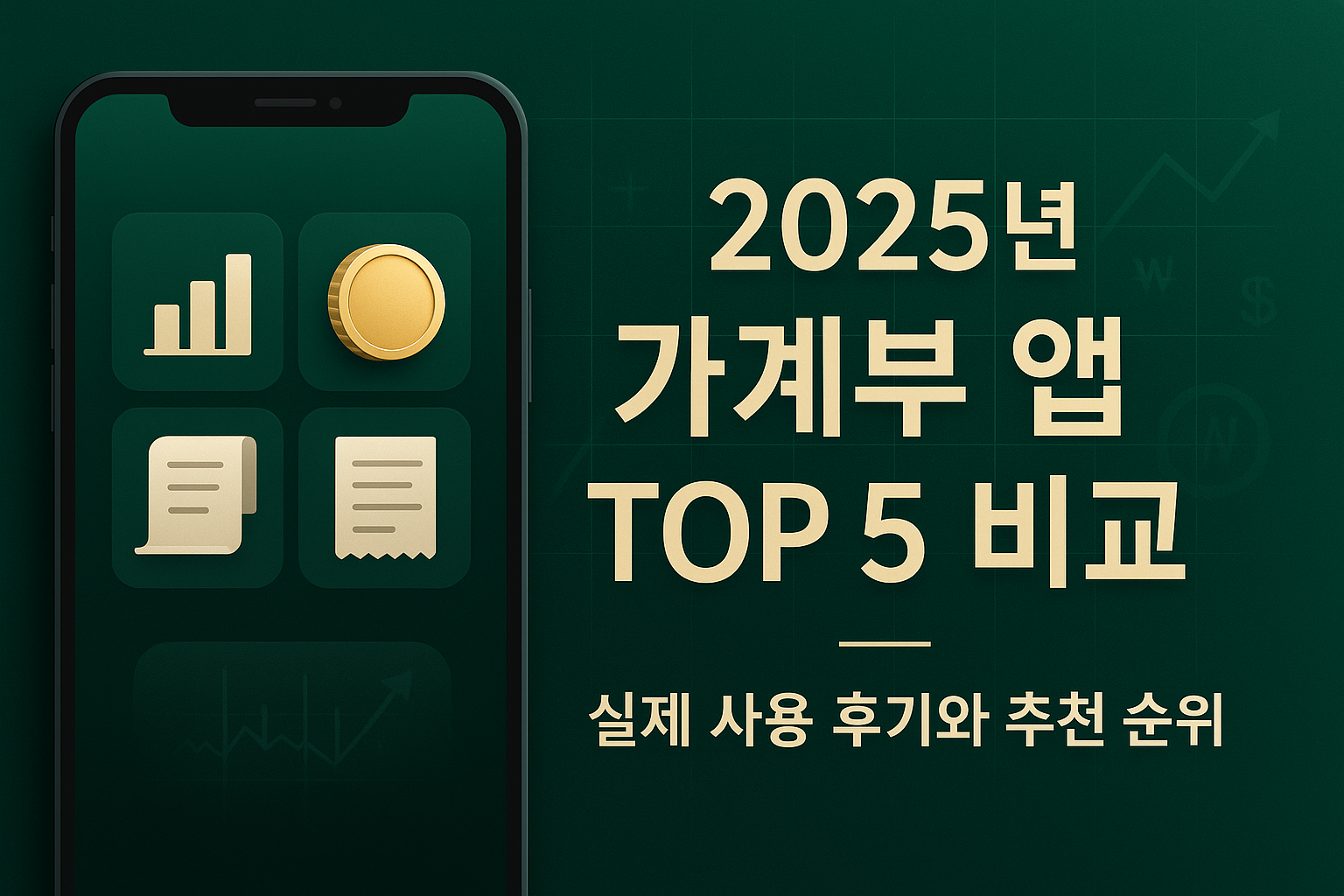 2025년 가계부 앱 TOP 5 비교 - 실제 사용 후기와 추천 순위를 주제로 한 블로그 대표 이미지, 스마트폰과 재정 관련 아이콘, 고급스러운 녹색 배경 디자인