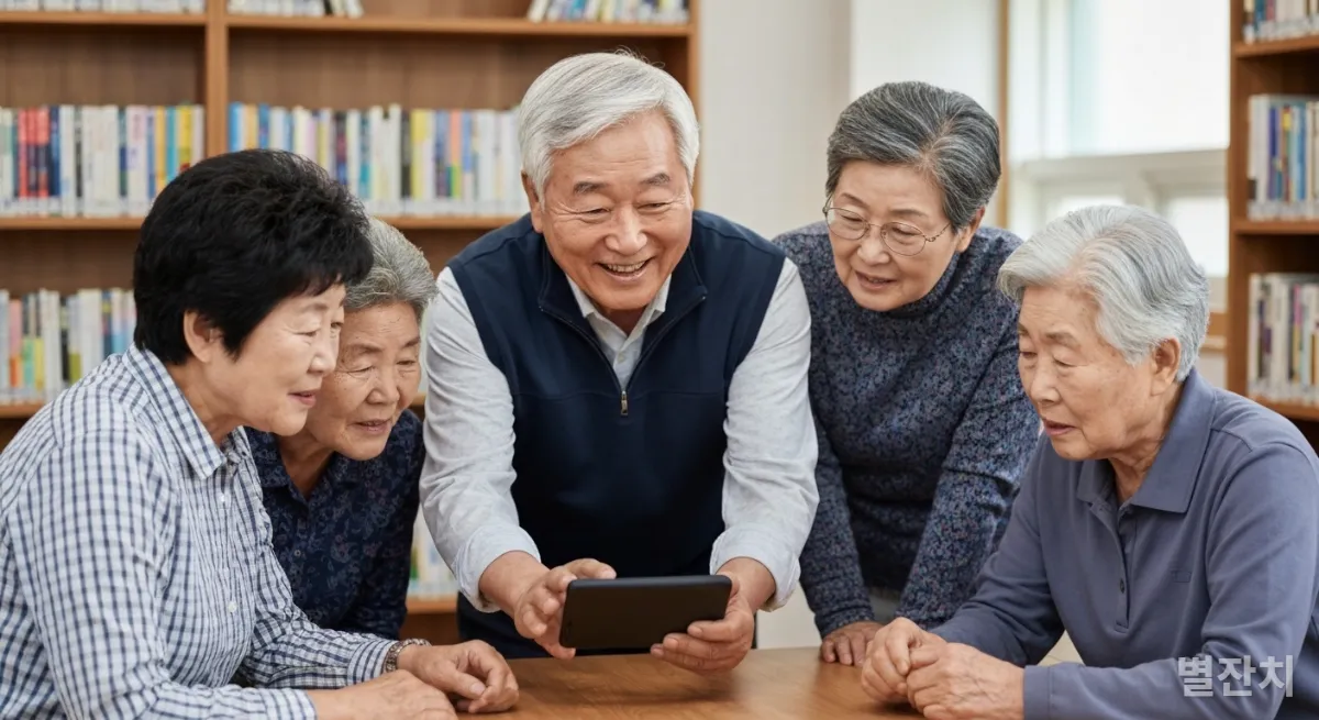 동네 도서관에서 다른 시니어들에게 스마트폰 앱 사용법을 가르치는 한국인 시니어 남성